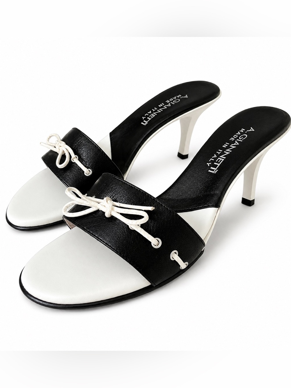 Vintage A. Giannetti Italy Black White Bow Mule Heels Size 6.5 Y2K